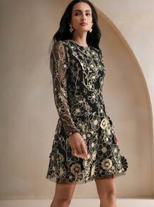 Anewsta Women Floral Embroidered Mesh Round Neck Elegant Long Sleeve Short Mini Dress