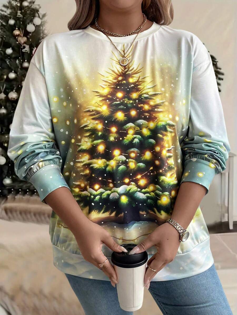 EMERY ROSE Große Größen Lockeres Sweatshirt mit Weihnachten Muster, Drop-Shoulder