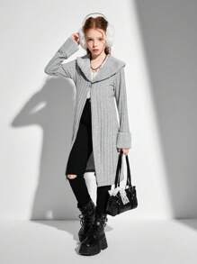 SHEIN Tween Girls Grey Ribbed Patchwork Fluffy Collar Fluffy Sleeve All-Match Casual Longline Jacket, Fall - Grey - View 7