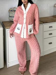 女士冬季毛绒熊印花长袖上衣和裤子睡衣套装 - 彩色 - 查看 6