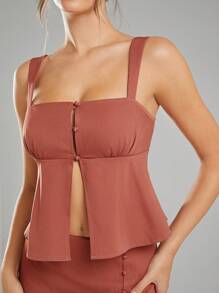 L'Amorae Women's Elegant Summer Solid Color Peplum Top,Rust Square Neck Button Front Open Slit Sleeveless Casual Brunch Shirt For Party,,Festivals - Rust Brown - View 6