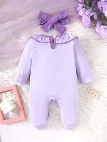 2 件装女婴秋冬可爱甜美拼色荷叶边领蝴蝶结、铃兰心形印花长袖连体衣 + 蝴蝶结头带套装、睡衣套装 - 淡紫色 - 查看 2
