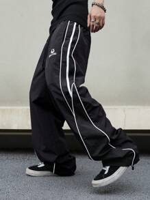 Manfinity Campus Court Aesthetic Post--Men Contrast Color Trimmed Drawstring Pocket Casual Loose Pants, Fall