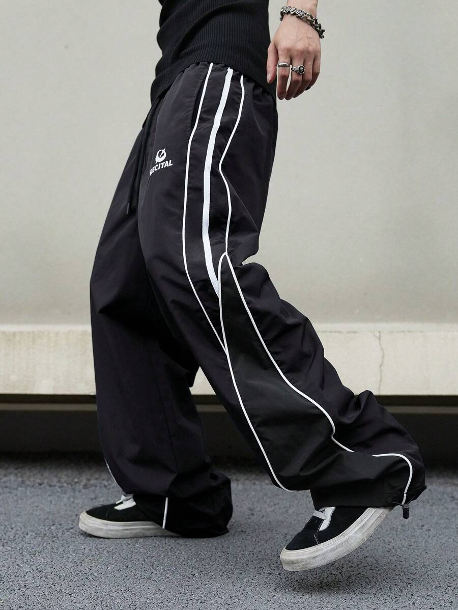 Manfinity Campus Court Aesthetic Post--Men Contrast Color Trimmed Drawstring Pocket Casual Loose Pants, Fall