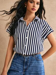 Poéselle Của phụ nữ Sọc tay cánh Áo sơ mi - Màu xanh hải quân - Xem 7