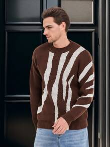 Manfinity Homme Áo len chui đầu dài tay họa tiết sọc dáng rộng thoải mái cho nam, mùa thu/đông - Cà phê nâu - Xem 4