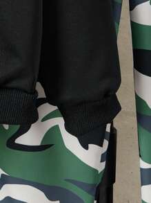 SHEIN Tween Boy Solid Color Long Sleeve Top, Buttoned Front Sleeveless Camo Jacket And Pants 3 Piece Casual Set