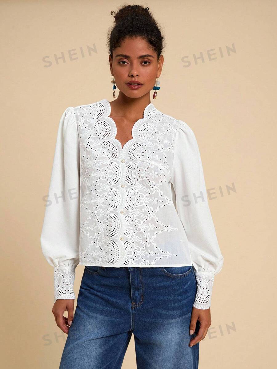 Travachic 1 pieza Blusa suelta de ajuste regular con manga farol, estilo informal de vacaciones, unicolor con bordado para mujeres, camisa de manga larga, camisa blanca con botones - Blanco - Ver 1
