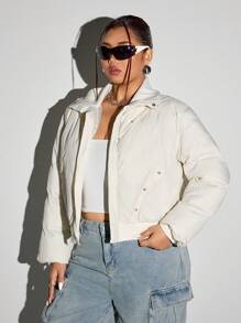 SHEIN ICON Plus Size Women Casual Solid Color Zip-Up PU Padded Coat, Winter - White - View 6