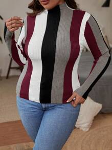 SHEIN Clasi Plus Size Zipper Closure Long Sleeve Striped Minimalist Pullover Knit Sweater - Burgundy - View 3