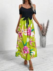 SHEIN Clasi Vrouwen Casual Bloemenprint Splice Off Shoulder Spaghetti Band Hoge Split Jurk