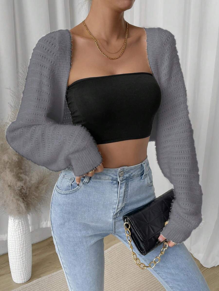 Chiquease Áo khoác cardigan lông chồn giả ngắn, màu trơn thường ngày, thu/đông - Xám - Xem 1