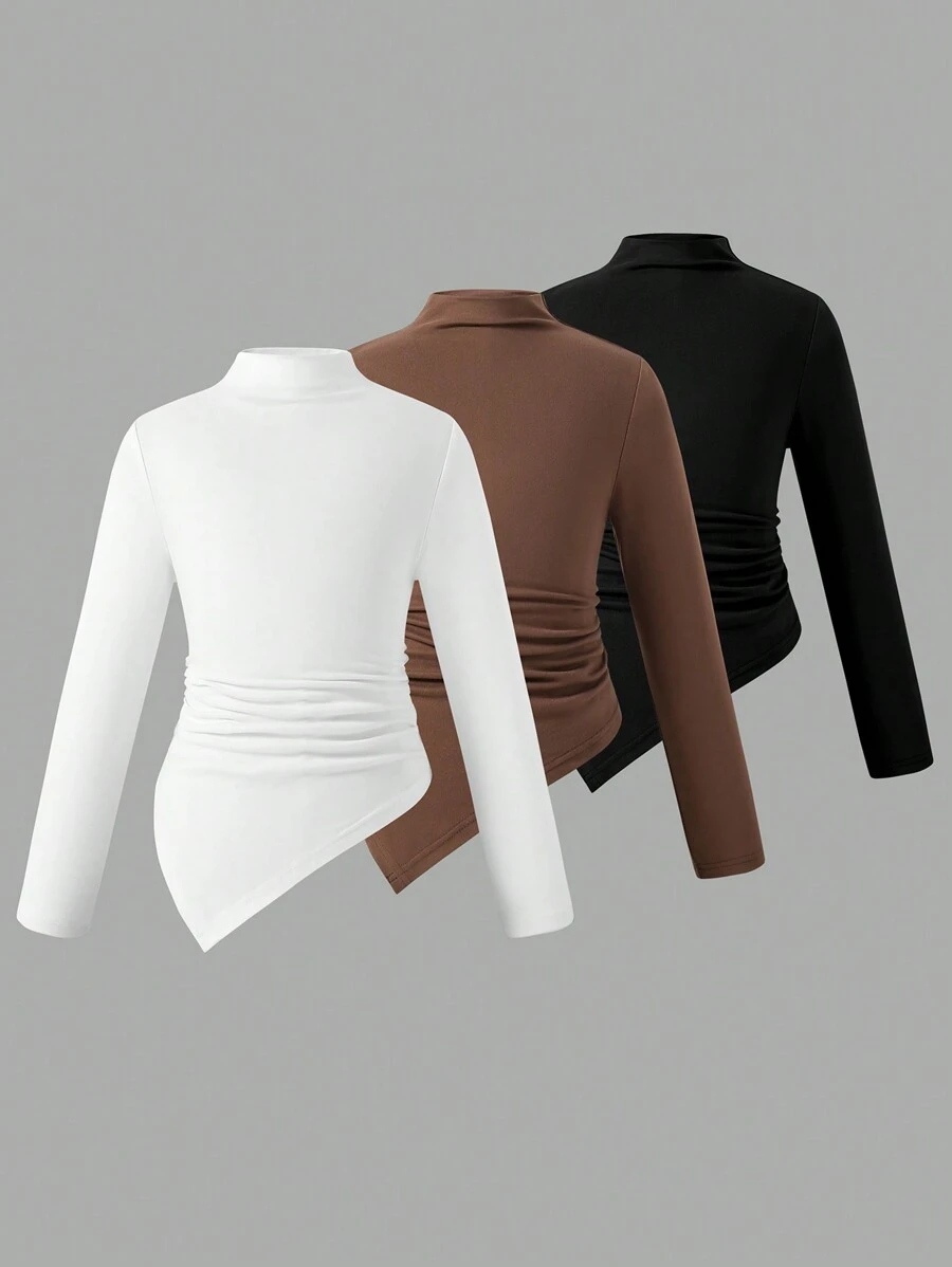 Tween Girls Stand Collar Solid Color Ruched Asymmetric Hem Long Sleeve T-Shirt - Multicolor - View 1