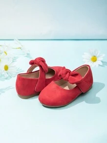 1pair Cute Velvet Bow Decor Flats For Little Girls, Suitable For All Seasons
