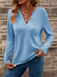 EMERY ROSE Áo thun nữ tay dài cổ chữ V trơn có túi, mùa thu - Màu xanh lam - Xem 4