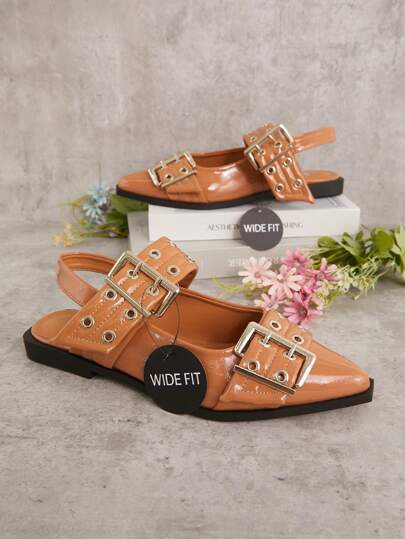 SHUZIA Mujeres Bestseller Ajuste Amplio Slingback Puntera Abierta Color Tostado: Comodidad todo el día con hebillas gruesas, ojetes, estilos sofisticados punk. Vibra navideña y de vacaciones para otoño e invierno