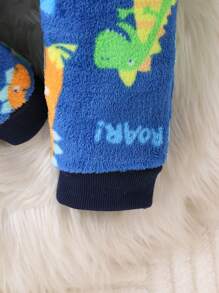 新生男宝宝可爱恐龙图案抓绒3D设计连帽拉链长袖连体衣，萌萌的恐龙风穿搭，适合室内外穿着 - 藍色 - 查看 8