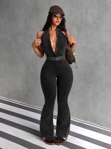 SHEIN ICON 女士磨边拼接深 V 领露背阔腿牛仔连身裤 - 黑色 - 查看 5