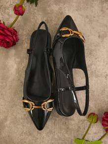 SHUZIA 黑色、漆皮、装饰、露跟、平底、尖头、舒适 - 黑色 - 查看 7