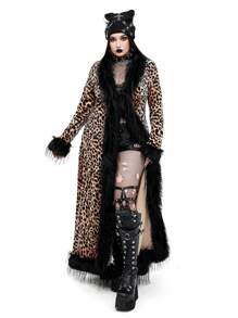 Whyspr Goth Punk Plus Size Gothic Punk V-Neck Fluffy Patchwork Leopard Print Velvet Long Sleeve High Waist A-Line Open Front Long Cardigan Coat For Women - Multicolor - View 3