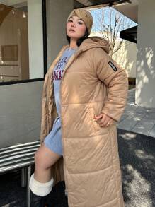 Flirla Plus Size Winter Clothes Hooded Zip Pockets Padded Long Padded Padded Coat, Khaki - Khaki - View 3