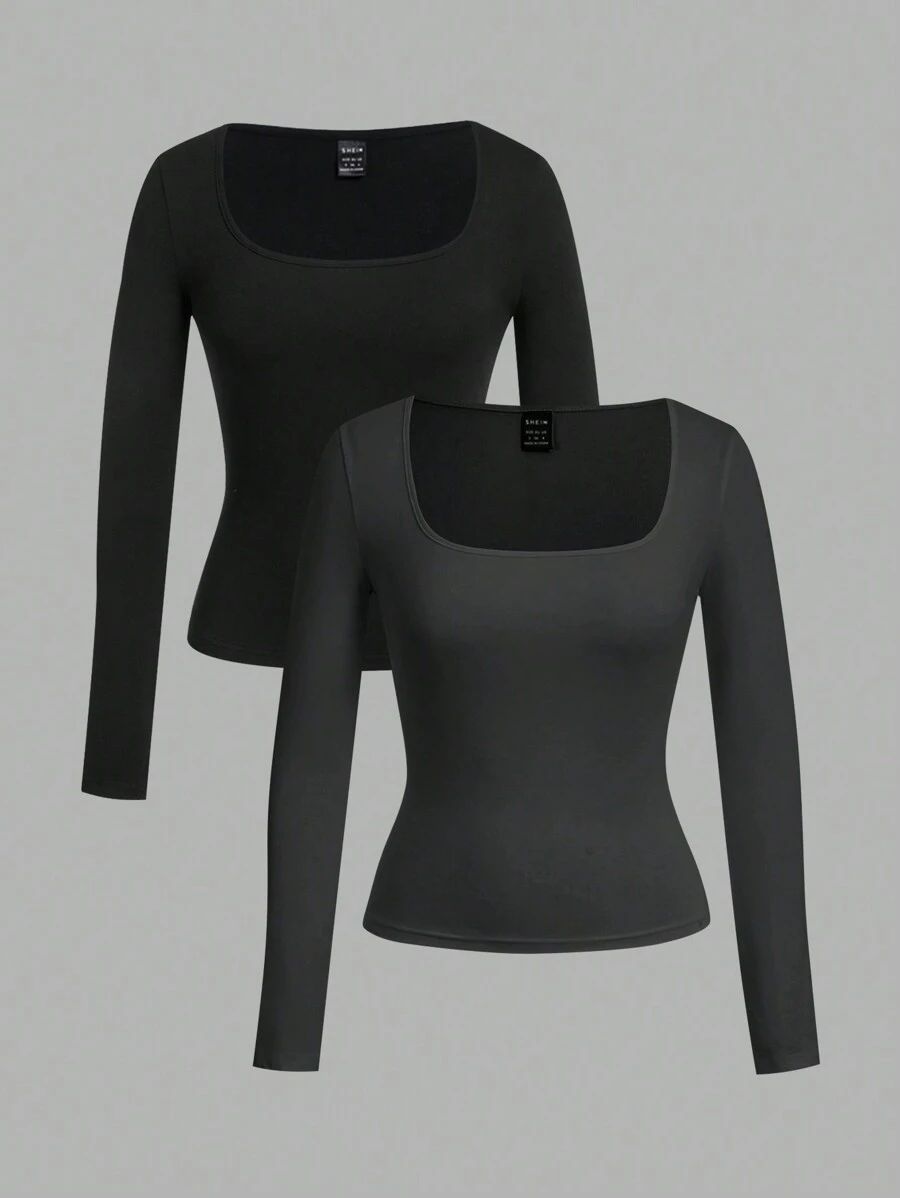 SHEIN EZwear 女款 2 件組方領修身長袖休閒 T 恤套裝,適合春、秋、冬季節 - 彩色 - 查看 1