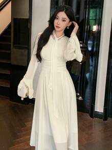 DAZY Solid Color V-Neck 3D Floral Decor Midi Dress For Women, Birthday Prom Dress,Ruffle,Fall Clothes Long Sleeve Dress Elegant Women Dresses - Beige - View 9