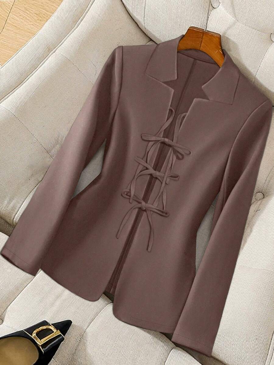 SHEIN Clasi Autumn Minimalist Notched Neck Long Sleeve Tie Front Jacket - Brown - View 1