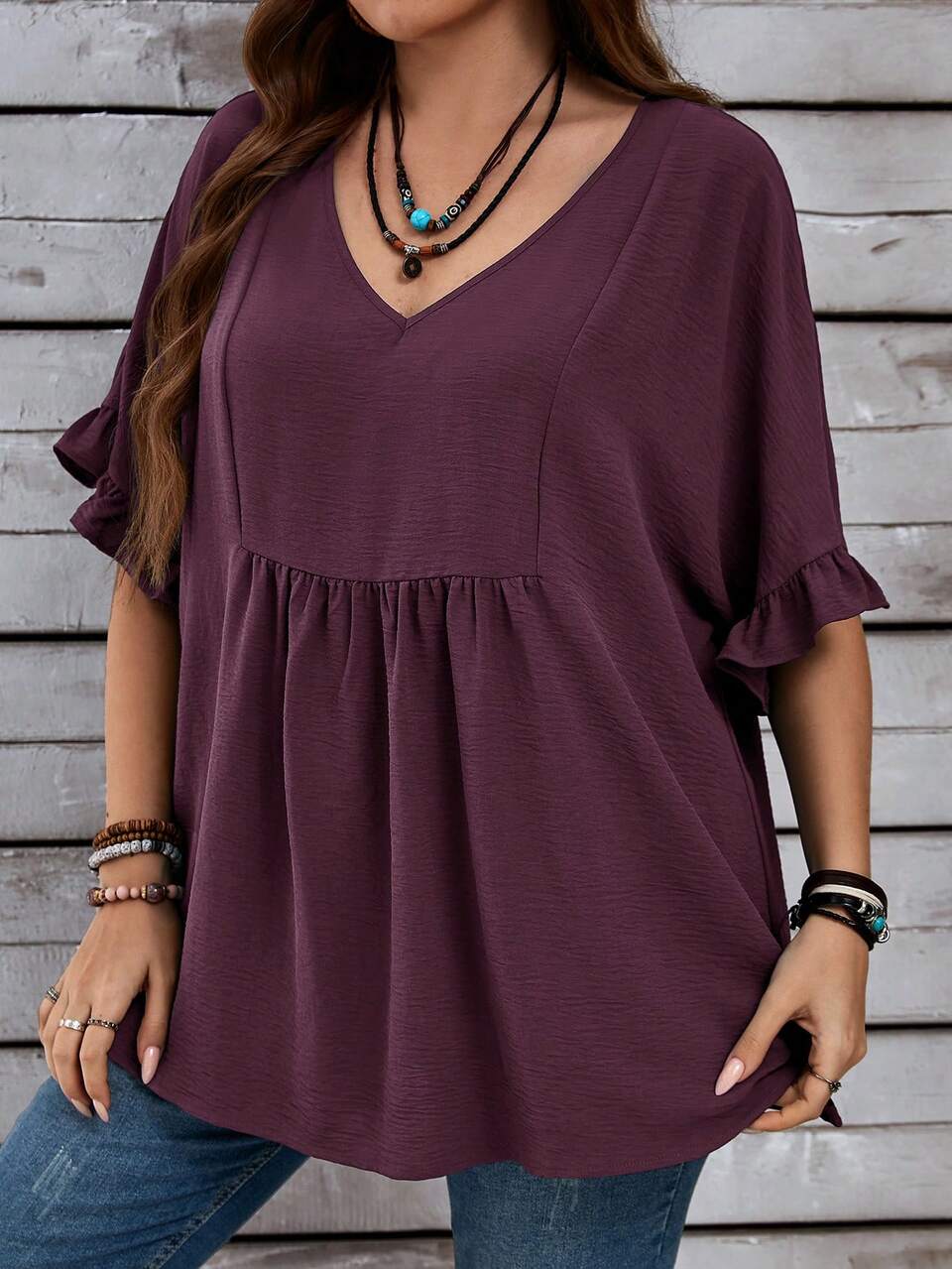 Plus Size Women's Vacation Casual Dark Blue Mom Shirts With Ruffled Sleeves For Summer