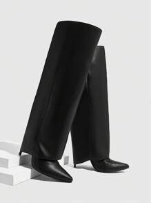 CUCCOO SZL 女士时尚性感经典黑色铆钉高跟尖头拉链长靴，适合春季、春假、复活节和圣诞节穿着。 - 黑色 - 查看 4