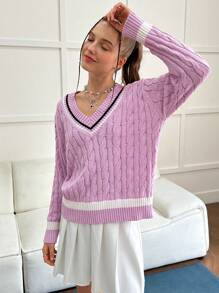 INAWLY Suéter de mujer de cuello en V estilo universitario de punto trenzado, informal para otoño/invierno