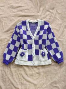 Soleia Casual Sweet Colorblock Plaid Pocket Floral Long Sleeve Knit Cardigan