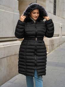 RueChic Plus Zip Up Hooded Belted Padded Coat - Black - View 4