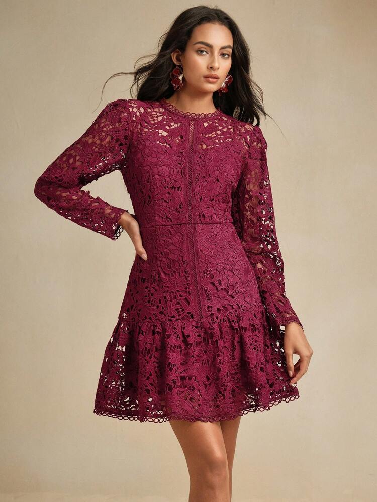 Elegant Floral Lace Long Sleeve Dress In Pure White For New Year Holiday Party Clothes