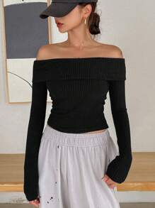 DAZY 女士休闲纯色露肩领荷叶边保暖内衬厚款 T 恤，秋季，返校服长袖女上衣，秋季女装 - 黑色 - 查看 4