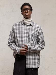 AKNOTIC Party Men's Slim Fit Plaid Print Turndown Collar Long Sleeve Casual Shirt, Suitable For Daily Wear - Black and White - View 2