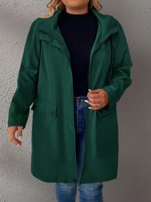 SHEIN LUNE Chaqueta casual con capucha y cordón para mujer talla grande de unicolor, otoño - Verde Oscuro - Ver 4