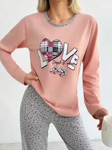 SHEIN Cottnline Bộ đồ ngủ dài tay cổ tròn in chữ 100% cotton và quần dài in họa tiết toàn thân cho nữ - Màu Hồng  Dưa hấu - Xem 3