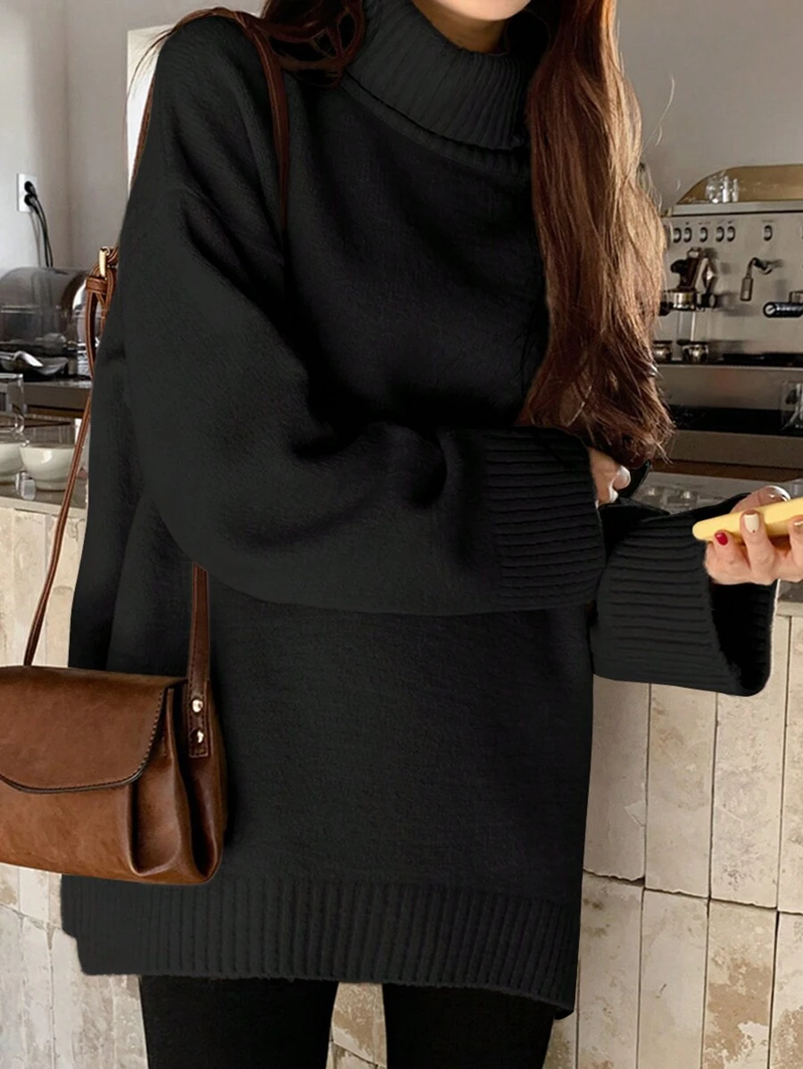 DAZY 1 件女式纯色高领休闲百搭宽松长袖毛衣，秋季女装 - 黑色 - 查看 1