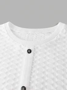 SHEIN LUNE Áo cánh đơn sắc cài nút phía trước tay dài lưới tương phản tối giản thường ngày cho nữ - trắng - Xem 4