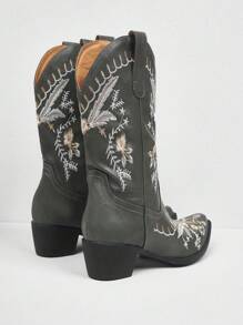 Styleloop Women's Floral Embroidered Minimalist Western Cowboy Boots, Casual For Daily Wear For Christmas And New Year Holiday Vibe Fall And Winter - Dark Green - View 5