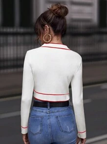 SHEIN Clasi Striped Trim Button Front Crop Cardigan - Red and White - View 2