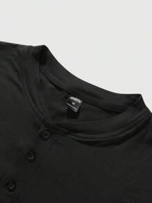 Manfinity Homme Men Casual Plain Half Button Up Long Sleeve T-Shirt, Spring/Autumn, Black Plain Casual Work Long Sleeve T-Shirt, Boyfriend Gift