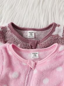 2pcs Baby Girl Star & Dot Pattern Fleece Warm Romper Set, Autumn/Winter - Multicolor - View 5