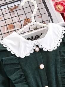 SHEIN Tween Girl Casual Long Sleeve Corduroy Dress With Ruffle Collar, Fitted For Spring Autumn - Dark Green - View 7