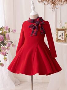 SHEIN Young Girl Solid Color Knitted Round Neck Plaid Patchwork Dress, For Christmas - Red - View 5