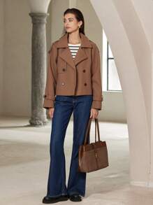 Aveloria Modichic Asymmetrical Flounce Collar Fashion Simple Versatile Commuter Loose Double-Breasted Overcoat - Camel - View 5