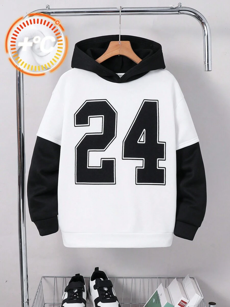 男童休闲运动数字字母印花连帽宽松套头长袖针织卫衣,黑白配色,适合通勤、上学、日常穿着、度假、运动,春夏秋冬皆宜。 - 彩色 - 查看 1