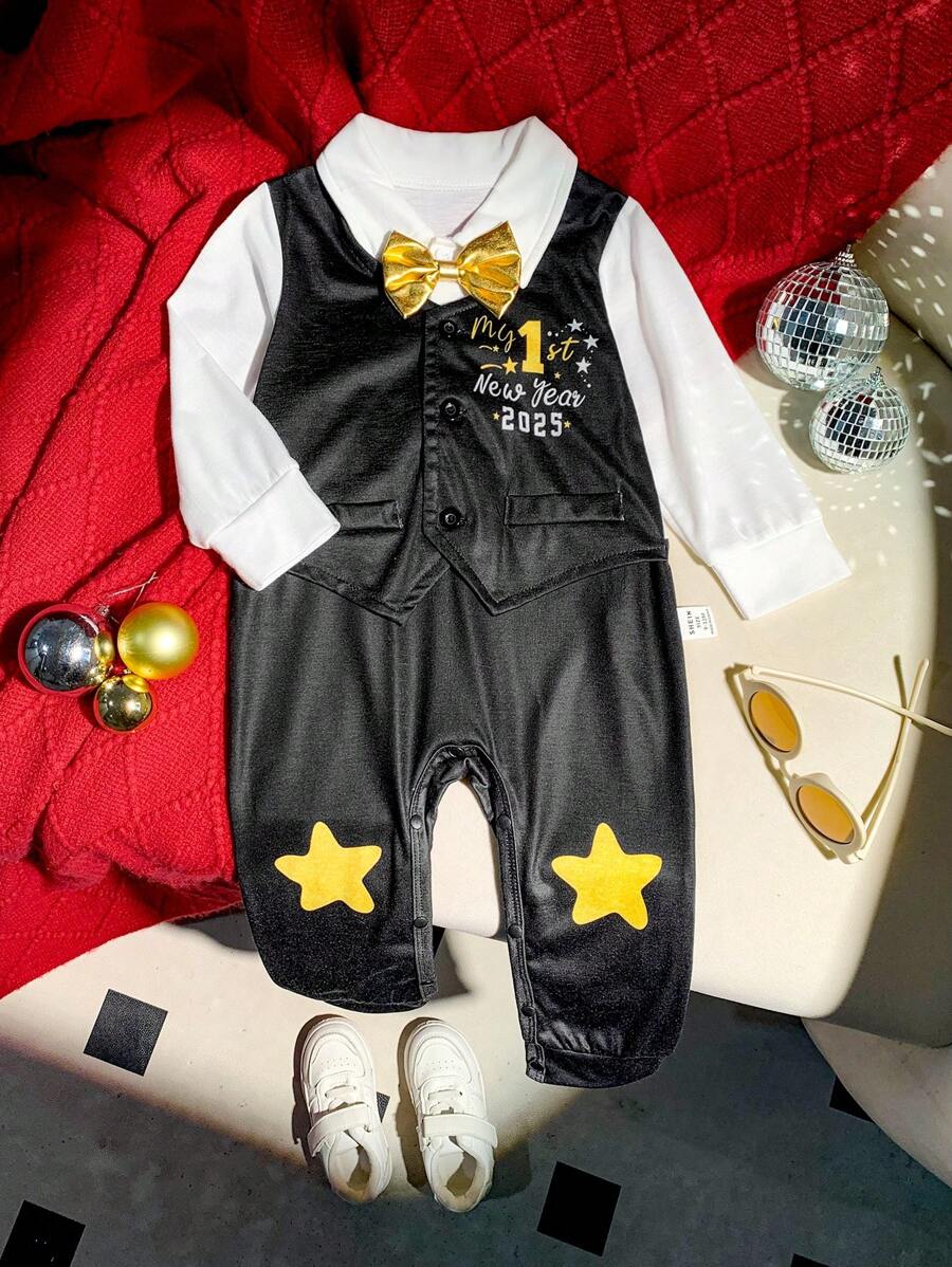 SHEIN Baby Boy's New Year Slogan Print 2 In 1 Vest & Pants Gentleman Outfit, Suitable For Babies To Wear To New Year Party Or Daily Outing - Multicolor - View 1
