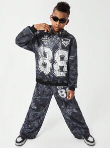 SHEIN Bộ 2 món cho bé trai tuổi teen, gồm áo hoodie và quần nỉ in hình. - màu đen - Xem 5